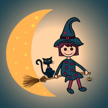 Cadılar Bayramı gecesi aya giden küçük cadı. Cadılar Bayramı gecesi bir cadı ve kedisinin vektör çizimi.