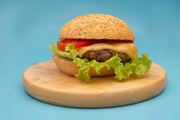 Świeży Smaczny Burger Izolowany Niebieskim Tle — Zdjęcie stockowe
