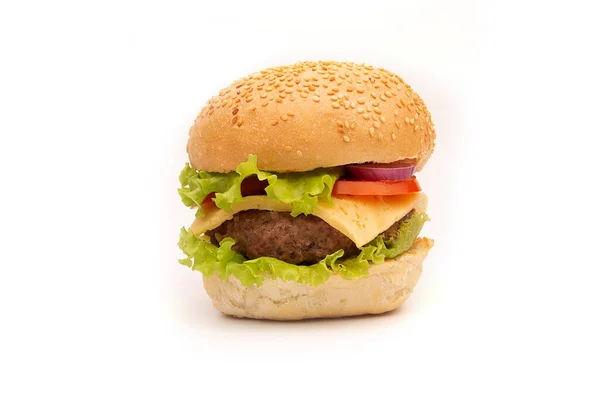 Świeże Smaczne Burger Izolowane Białym Tle — Zdjęcie stockowe
