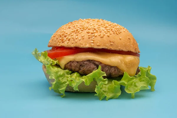Świeży Smaczny Burger Izolowany Niebieskim Tle — Zdjęcie stockowe