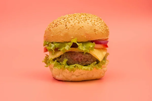 Свежий вкусный бургер изолирован на цветном фоне — стоковое фото