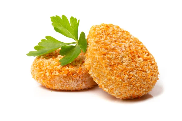 Hög Med Kokta Kyckling Nuggets Isolerad Vit Bakgrund Stockfoto