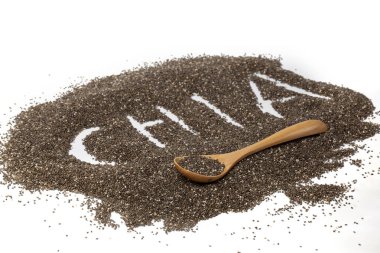 ?Beyaz arka planda chia tohumlarından yapılmış bir sözcük.
