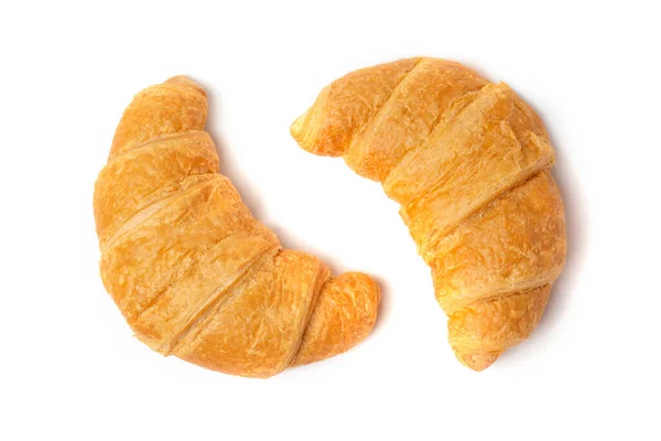 Två Färska Krispiga Croissanter Vit Bakgrund — Stockfoto
