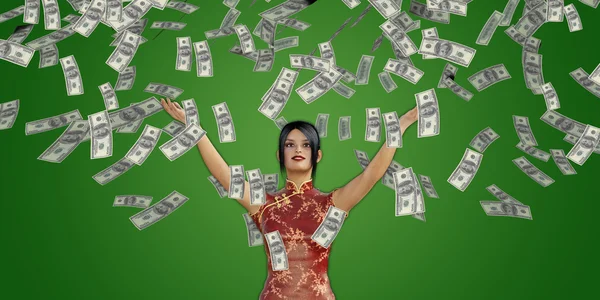 Mujer asiática atrapando dinero cayendo del cielo — Foto de Stock