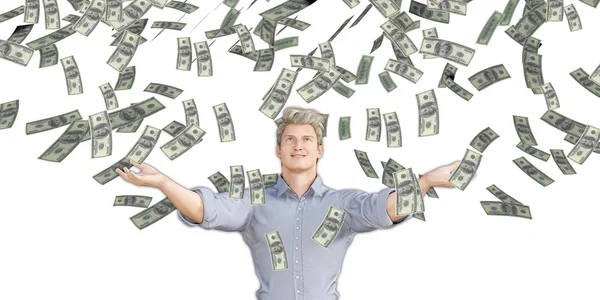 Man Catching Money Falling From the Sky — Stock Photo, Image