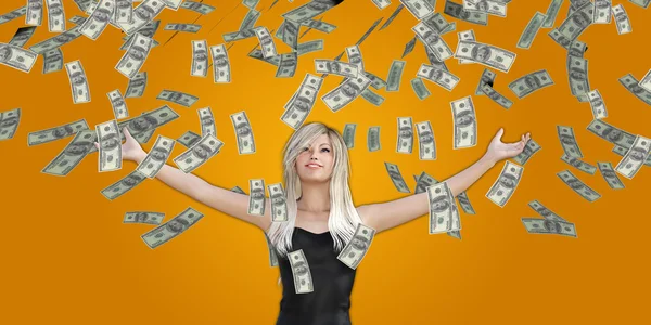 Woman Catching Money Falling From the Sky — Stock Photo, Image