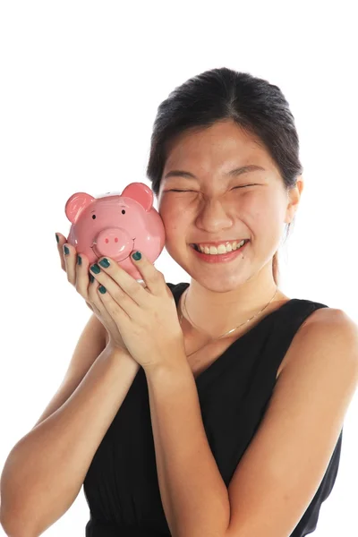 Piggy Bank com mulher de negócios — Fotografia de Stock