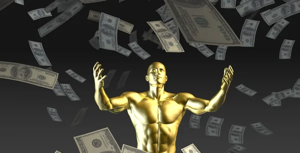 Golden man under money rain — 图库照片