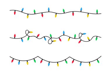 Noel ışıkları çelengi. Düz bir şekilde xmas lambaları dizisi. Tatil dekorasyonu için renk çelenkleri. Vektör illüstrasyonu.