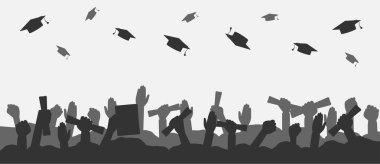 Mezunlardan oluşan bir kalabalık akademik şapkalar takıyor. Mezun olmuş insanların şapkalarını fırlatıp diplomalarıyla el kaldırmalarının siluetleri. Mezuniyet, üniversite ya da lise kavramı. Vektör illüstrasyonu.