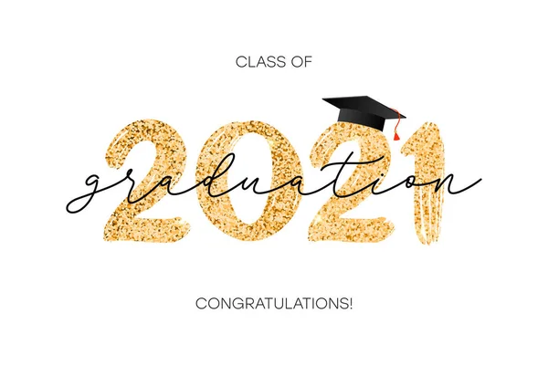 Class 2021 Graduation Banner Gold Numbers Graduate Academic Cap Golden — Stock Vector