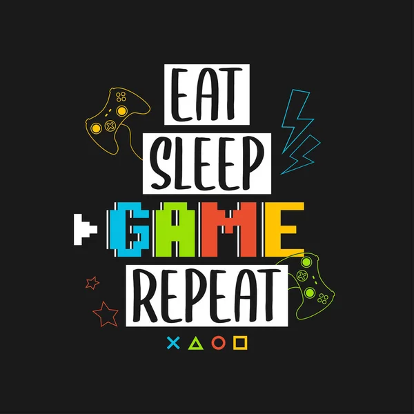 Joysticks Gamepad Shirt Design Pixelovým Textem Sloganem Eat Sleep Game — Stockový vektor