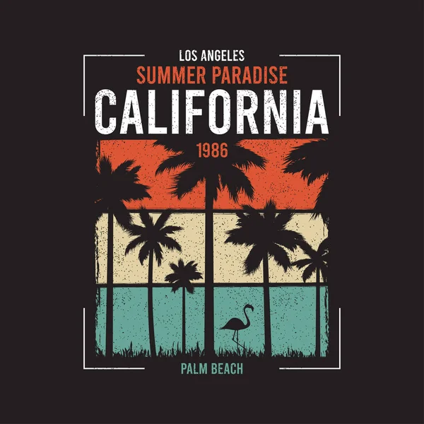 Camiseta Diseño Californiano Con Silueta Palmeras Flamenco Fondo Grunge Color — Vector de stock