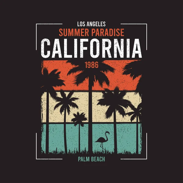 California Shirt Design Silhouette Palm Trees Flamingo Color Grunge Background — Stock Vector