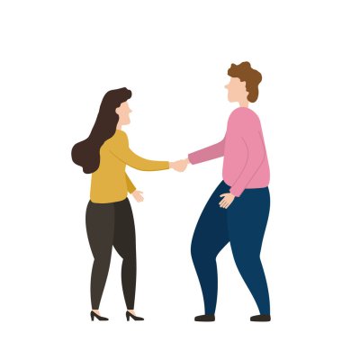 İnsanlar el sıkışır. Ortaklık ve iş anlaşmaları kavramı. Erkek ve kadın el sıkışarak birbirlerini selamlarlar. Düz vektör illüstrasyonu.