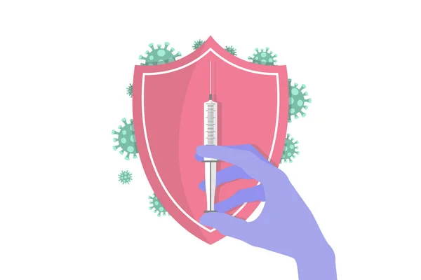 Mano Medico Infermiere Guanto Lattice Medico Con Siringa Vaccino Coronavirus — Vettoriale Stock