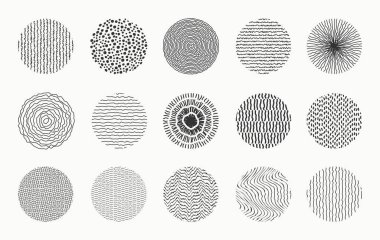 Bir dizi yuvarlak çizim. Noktalar, noktalar, eğriler ve çizgiler tarafından yapılan soyut şekiller ve tasarım elementleri. Poster, sosyal medya ve diğer tasarımlar için moda. Vektör illüstrasyonu.