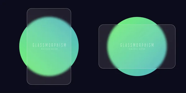 Glassmorphism effect with set of transparent glass plates on green gradient circles. Frosted acrylic or matte plexiglass plates in rectangle shape. Realistic glass morphism. Vector illustration.