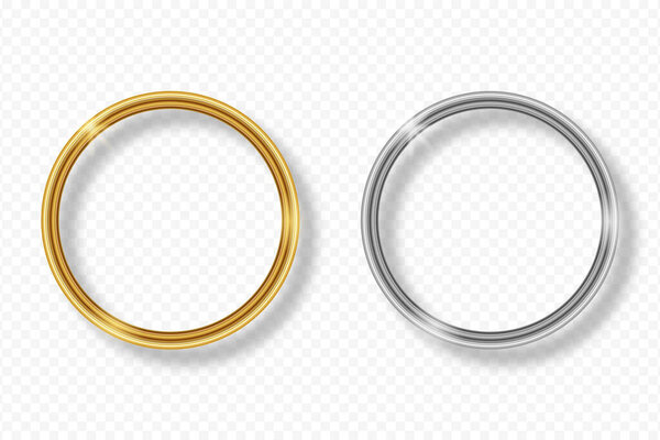 Комплект из золота и серебра круглый каркас на прозрачном фоне с тенью. Золотой и серебристый 3D реалистичной геометрической границы круга с ярким блеском и светом эффект. Векторная иллюстрация.