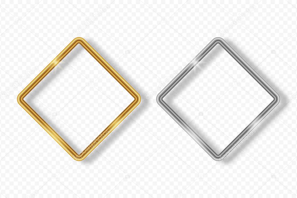 Set of gold and silver rhombus frame on transparent background with shadow. Golden and silver 3d realistic geometric rectangle border with glow shine and light effect. Vector illustration.