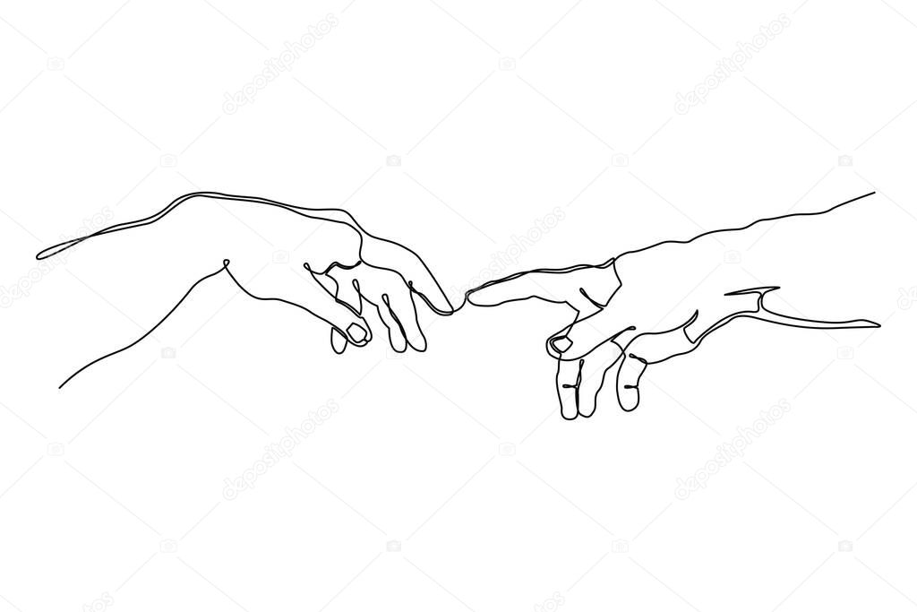 Continuous one line drawing of hands going to touch together. One line art of touching fingers. Vector illustration.