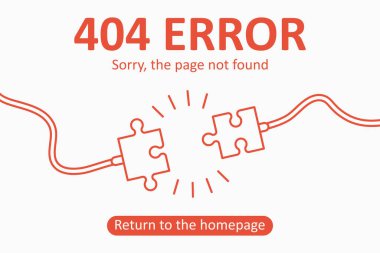 404 hatası. Yapboz parçaları halinde elektrik prizi ve soketi olan sayfa bulunamadı. Web sayfası için tasarım - web sitesi için pankartı kapat. Vektör illüstrasyonu.