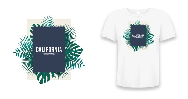 Tropical Palm Leaves Text California Design Shirt Typography Graphics Tee — Stock Vector