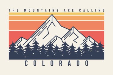 Colorado t-shirt design with mountains and fir trees or forest. Typography graphics for tee shirt with mountain in line style, color stripes, trees and slogan. Apparel print. Vector illustration.