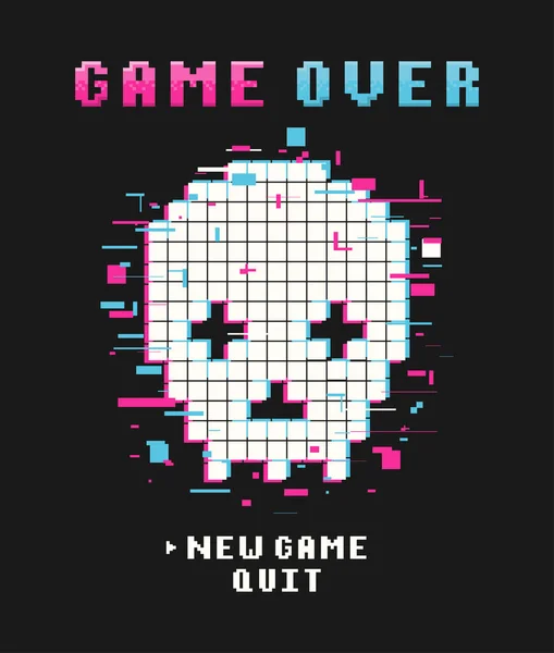 Gamers t-shirt design with glitch pixel skull and pixel text and slogan. Typography graphics for tee shirt with pixelated glitchy skull. Slogan print for video game concept. Vector illustration.