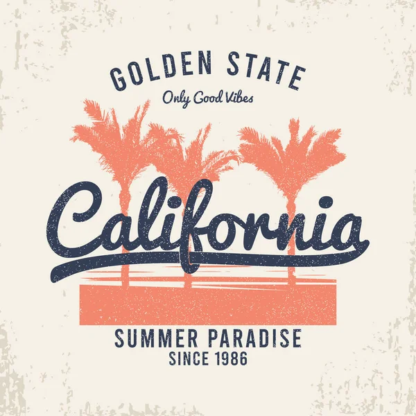 California Shirt Design Palm Trees Grunge Slogan Typography Graphics Vintage — Archivo Imágenes Vectoriales