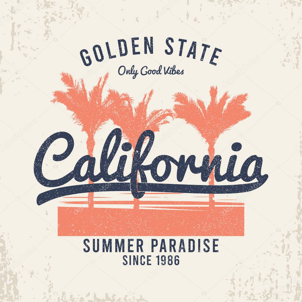 California t-shirt design with palm trees, grunge and slogan. Typography graphics for vintage tee shirt. California apparel print. Vector illustration.