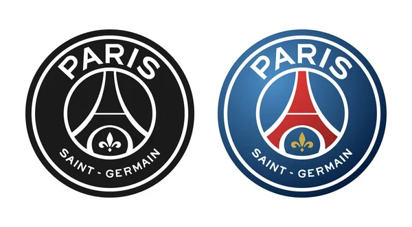 Paris Sain-Germain futbol veya futbol kulübü logosu. En iyi kulüplerden biri, PSG veya Paris Sain-Germain futbol takımı amblemi. Vektör editör illüstrasyonu.