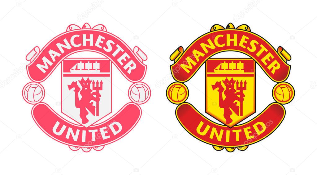 Manchester United football or soccer club logo. One of the top clubs, Man United football team insignia. Vector editorial illustration.