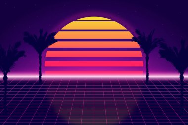 Gökyüzü ve palmiye ağaçlarıyla geçmişe dönük fütüristik arka plan. Tropikal günbatımı ve palmiyelerin geri dalga ve sentetik dalga çizimi. Retro poster, afiş ya da el ilanı tasarımı 1980 'lerin tarzında. Vektör.