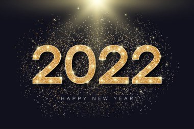 Yeni yıl için altın parıltılı 2022 numara. Yeni yıl için bayram afişi ve altın parıltılı ve parlak parçacıklarla mutlu Noeller. 2022 parıltılı metin. Vektör illüstrasyonu.