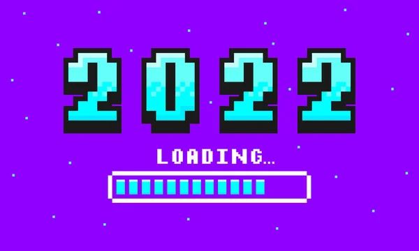 Yeni yıl için 2022 piksel resim afişi. 2022 numara 8-bit retro oyun stili ve yükleme çubuğu. Pikselleştirilmiş mutlu yıllar ve mutlu noeller kartı ya da afiş. Vektör.