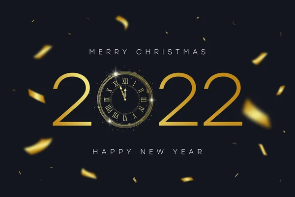 2022 Новий Рік Веселого Різдва Золотим Вінтажним Годинником Римськими Цифрами — стоковий вектор