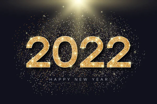 新年のための黄金の輝きと2022番号 ゴールド輝くと明るい粒子と新年とメリークリスマスのための休日のバナー 2022年のグリスターテキスト ベクターイラスト — ストックベクタ