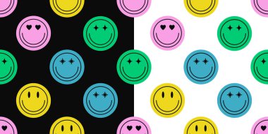 Farklı renkli gülümseme yüz çıkartmalarının kusursuz deseni. Gülümseyen mutlu yüz simgesi kusursuz arka plan. Yazdırma ürünü için bir dizi duygu simgesi. Vektör illüstrasyonu.