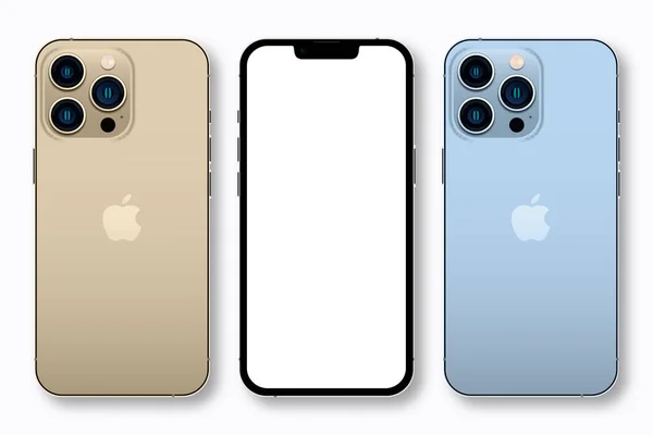 Apple iPhone 13 Pro / Pro Max - Sierra Blue ve Gold renklerinde yeni çıkan iPhone. Gerçekçi bir akıllı telefon modeli. Web sitesi ve sunum için UI ve UX aygıtı şablonu. Vektör illüstrasyonu.