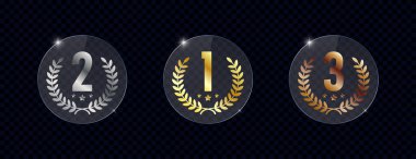 Çelenk çerçeveli kazanma yerleri için cam tabaklar. Cam ödüller - 1, 2 ve 3. sıra. Altın, gümüş ve bronz defne çelenkleri akrilik plakalarda birinci, ikinci ve üçüncü sırada. Vektör.