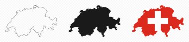 İsviçre harita simgesi ayarlandı. İsviçre haritası tabelaları - taslak, sağlam ve İsviçre ulusal bayrağı. Vektör illüstrasyonu.