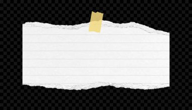 Yırtılmış defter kâğıdı parçası bantlanmış. Yırtık kenarlı kağıttan yırtılmış bir şablon. Şeffaf arkaplanda izole edilmiş. Vektör illüstrasyonu.