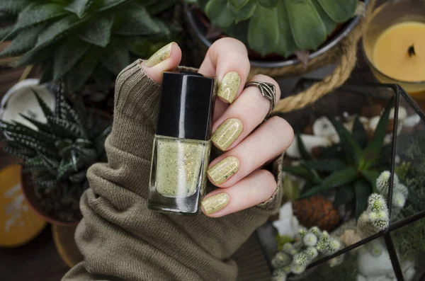 Primer Plano Mano Mujer Sosteniendo Botella Esmalte Uñas Con Planta —  Fotos de Stock