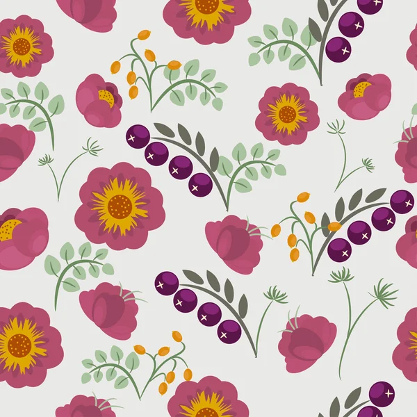 Fondo sin costuras en estilo retro con flores, bayas y hojas — Vector de stock