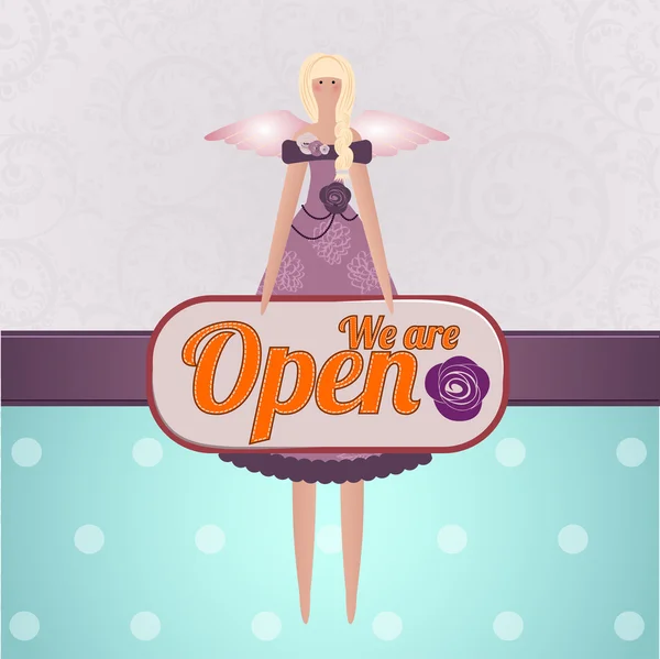 Tilda Angel Doll with a sign "open" on a bright background. — Stock Vector