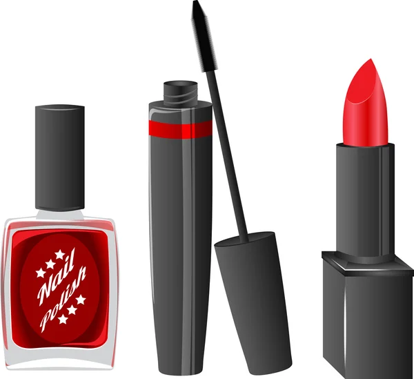 Ilustración de tres artículos de maquillaje. Rímel, lápiz labial rojo, esmalte de uñas rojo . — Archivo Imágenes Vectoriales