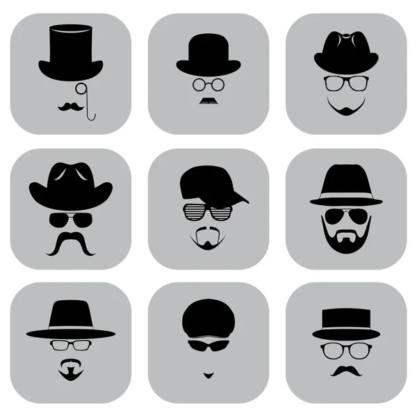 Un conjunto de iconos planos. Silueta de hombre con sombrero, gafas, barba y bigote . — Archivo Imágenes Vectoriales