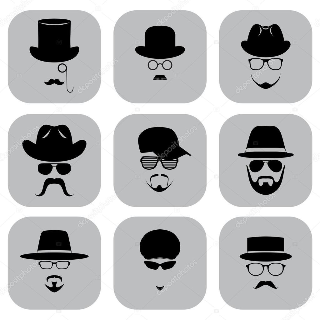 A set of flat icons. Silhouette of a man wearing a hat, with glasses, with a beard and mustache.